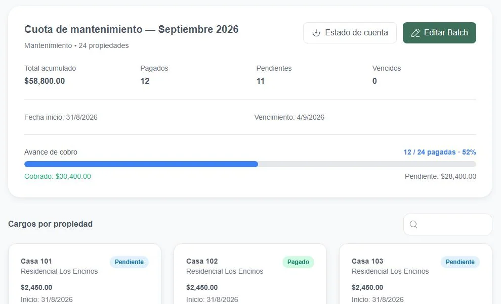 Detalle del lote de cuotas de septiembre con 12 de 24 unidades pagadas