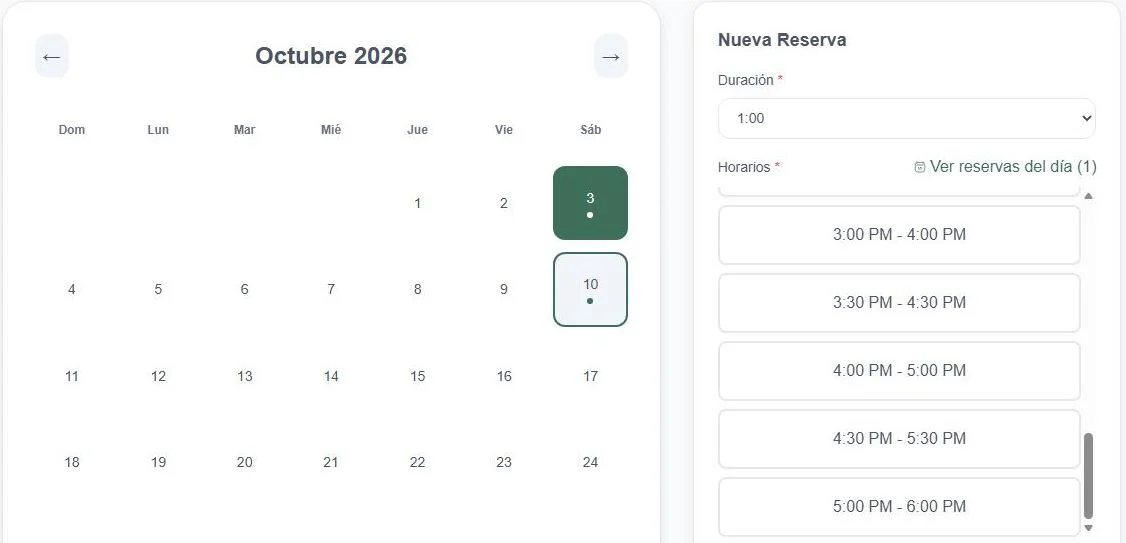 Calendario de reserva del salón de eventos con días ocupados marcados y horarios disponibles hasta las 6 PM