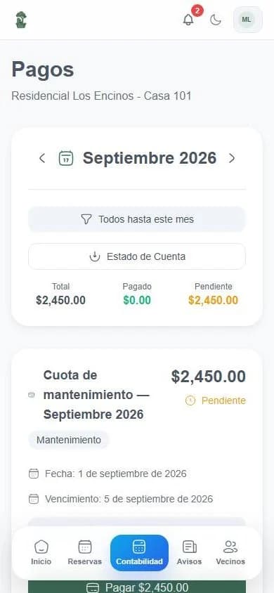 Pantalla de pagos del residente con el saldo del mes y el estado de cuenta